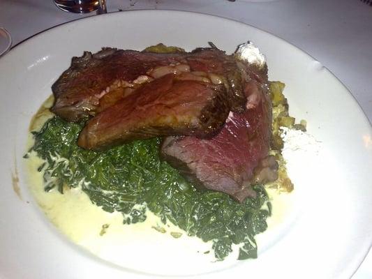 prime rib for two with creamed spinach and a yummy fingerling potato and bacon hash