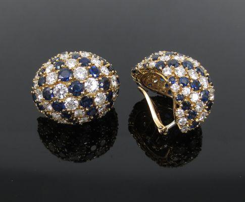 Vintage diamond & sapphire 18K yellow gold dome clip earrings.