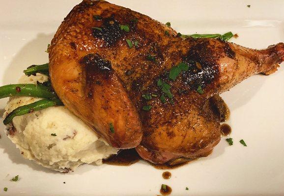 Seared Half Chicken Topped with a Balsamic Glaze. Served with Mashed Potatoes and Garlicky Green Beans.