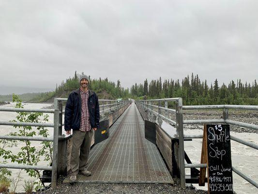 This is the start of the McCarthy/Kennicott Pedestrian Footbridge...and a $5 Shuttle Stop into town.