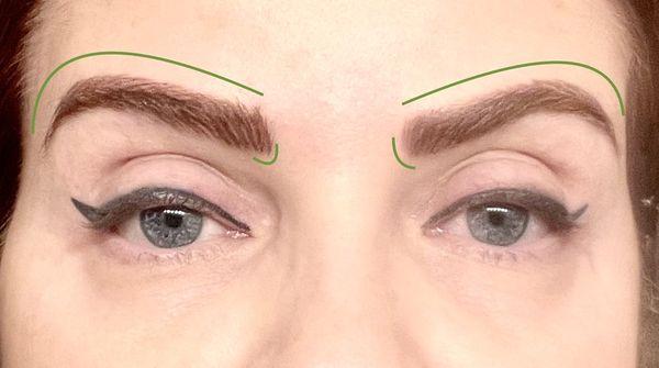 Click to view full photo. Green lines emphasize uneven brows. Eyeliner wings don't match.