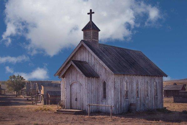 A photo I took in 2016 of the church at the "Rust" movie set.  Bonanza Creek Ranch just south of Santa Fe New Mexico.  Fine Art collection.