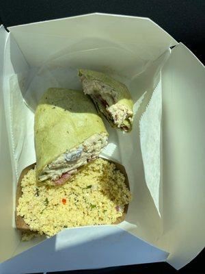 Delicious chicken salad wrap with a side of couscous ..