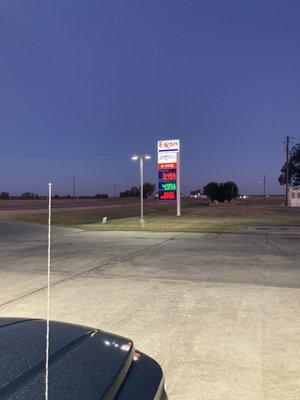 view of price sign from fuel dispensers, facing eastward