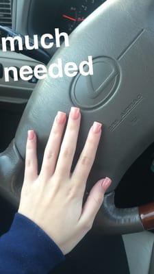 Short square pink nails. Cost $20.