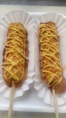 Waffle Pup on a Stck with Honey Mustard and Spicy Maple Drizzle