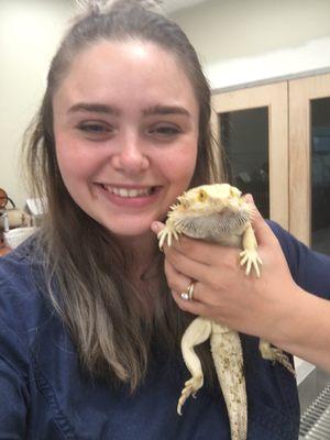 Katie, our head veterinary technician, with one of our awesome bearded dragon patients!