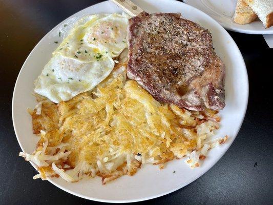 Ribeye steak, sunny eggs & hashbrowns $17.99