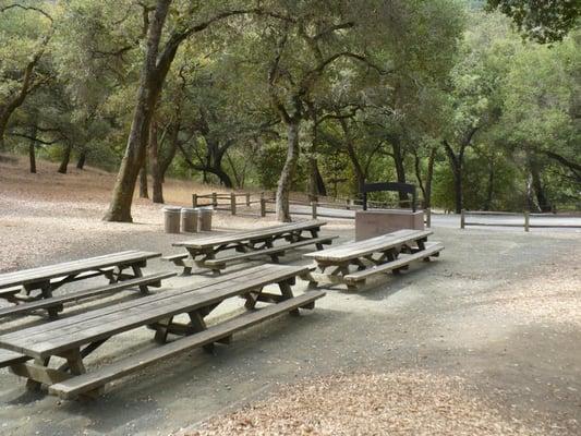 4 long picnic tables and a charcoal grill