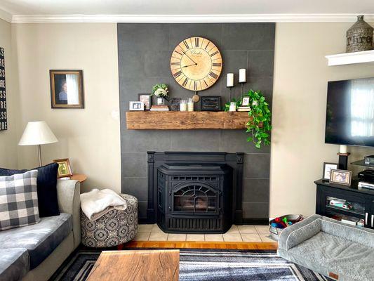 Hand hewn fireplace mantel