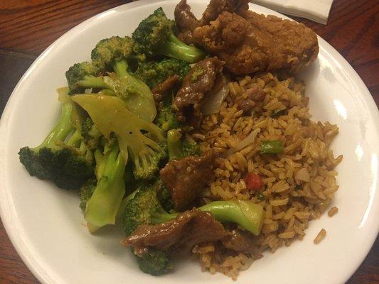 beef with broccoli, pork fried rice, and chicken wing