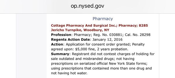 01/2016 selling outdated and misbranded medications.