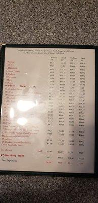 The menu, toppings and size prices