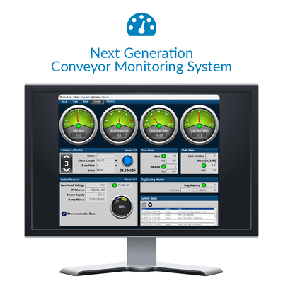 Conveyor Monitoring System for predictive maintenance. Measures chain wear, drive amps, chain speed, take-up pressure and drive hours.