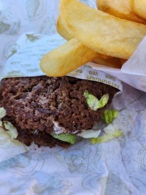 Burger patties as buns and fat fries.