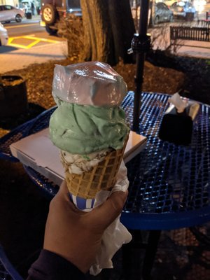 Cotton candy + mint chocolate chip + fly fish something??? On a waffle cone