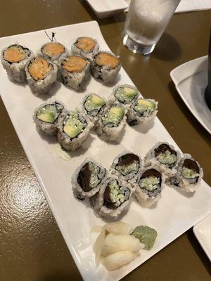 Sweet potato, avocado cucumber and shiitake cucumber roll