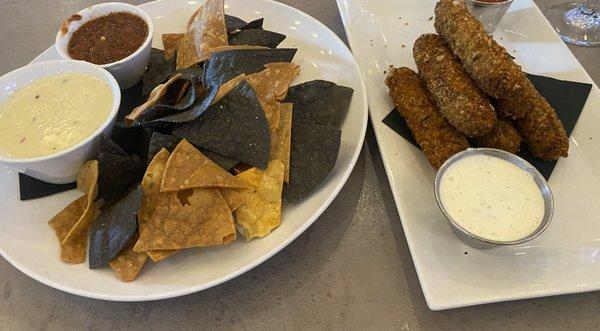 Mozzarella Sticks, Chips and Salsa + Queso