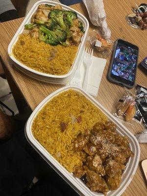 Chicken & Broccoli Combination Plate (left), Sesame Chicken Combination Plate (right)