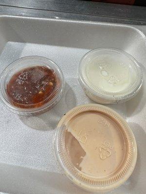 Garlic sauce, spicy sauce, and pink sauce