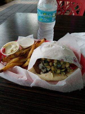 Falafel, fries, no salt, water