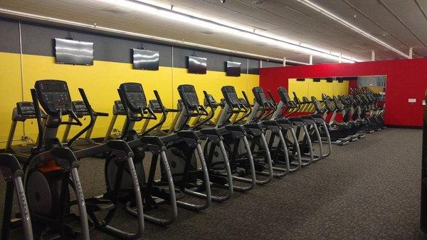 Cardio, 2 stair steppers, 10 treadmills, 7 elliptical, 3 stand up bikes, 3 recumbent bikes, 2 rowers