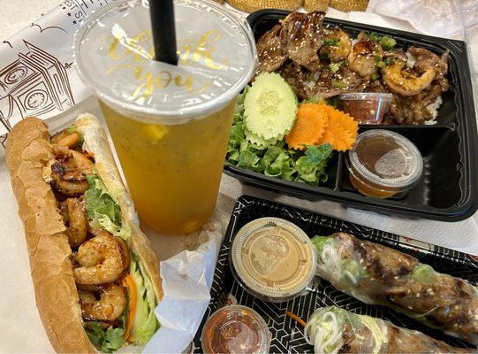 Grilled shrimp bahn mi, pork spring rolls, grilled combo with eggroll, citrus-y mango boba tea.