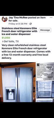 Selling appliances they were paid to service.Tells warranty company & customer, unfixable & will junk it. Then they sell on social media.