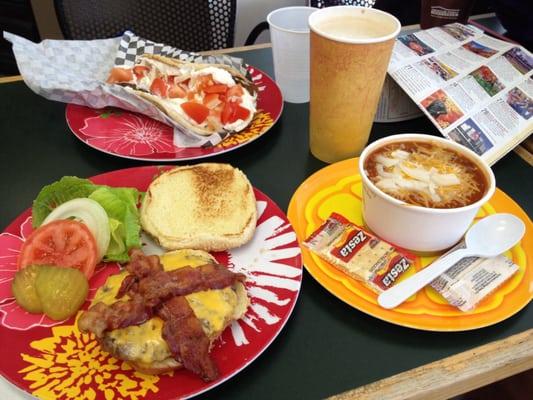 Gyro, cheeseburger, and chilli