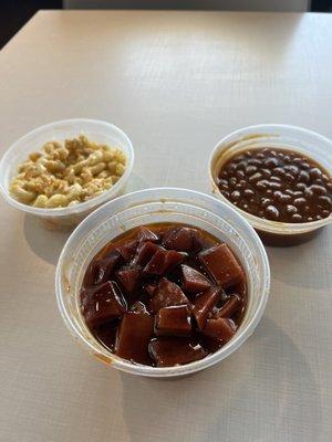 Fried bologna; with Mac & cheese and pit beans.