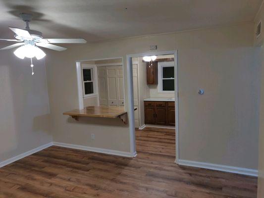 After pic of the custom built in kitchen table made of butcher block !