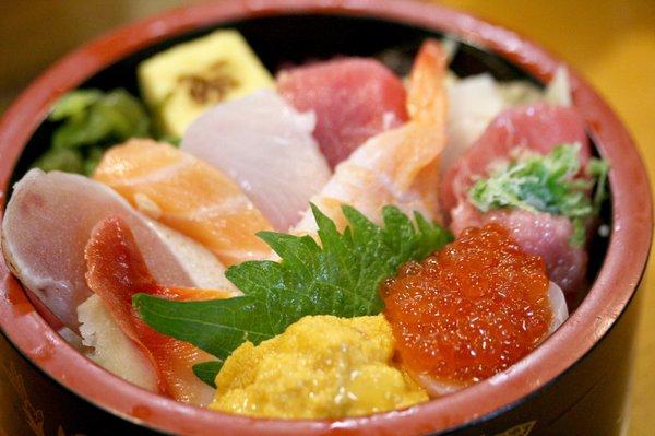 #3 Chirashi: 11 pieces sashimi over sushi rice: tuna, albacore, salmon, yellowtail, mackerel, surf clam, shrimp, squid, uni, salmon roe, egg