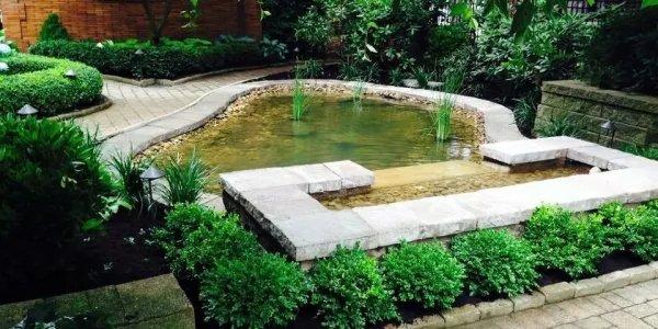 Koi pond and waterfall. Belgium block patio and edging. Planting, irrigation, and lighting.