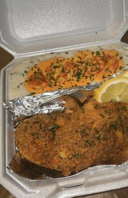 Deep Fried Catfish Fillets garnish with Lemon, Shrimp N Grits $35