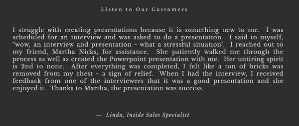 Another happy customer who needed help with creating a PowerPoint Presentation for a job interview.