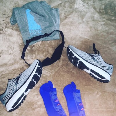 Brooks Ghost, running socks, DRC running shirt, running belt to hold phone, keys, etc.