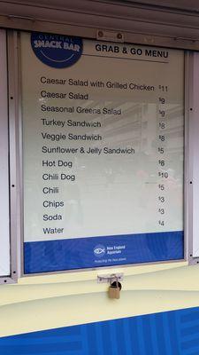 Central Snack Bar Menu