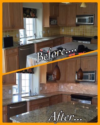 Before and after pic.... New Tuscany Ivory tile backsplash Free Estimates   570-209-8800 Clark Summit Pa