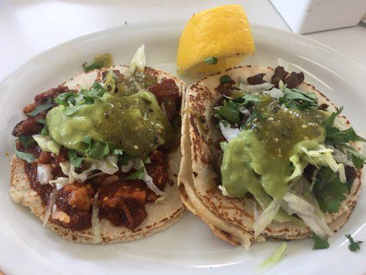 2 Homemade Tortilla Tacos with Adobada and Asada. The tortillas are good and worth waiting for.