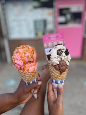 Left - 2 Scoops Strawberry  w/ Waffle Cone Pieces & Caramel Sauce  Right - 2 Scoops Butter Pecan w/ Oreo Pieces & Chocolate