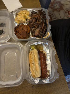 Hot link sandwich and 2 meat plate (Tri tip and brisket) with Mac and yams