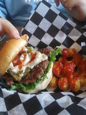 Jalapeno burger with tator tots