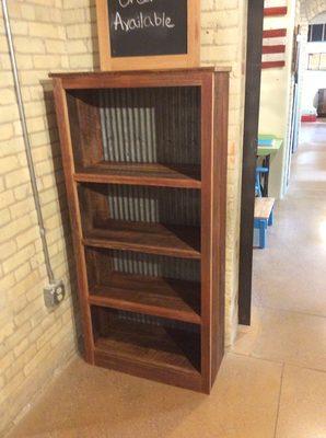 Barn wood bookshelf with tin back