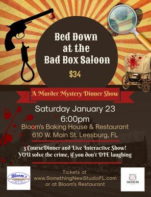 One of our many murder mystery shows performed publicly at local venues or for your private event.