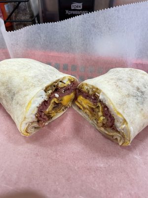 POBO (wrap with 2 eggs, pastrami, cheese and potatoes).