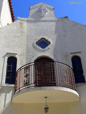 Second floor balcony.  The architecture is reminiscent of old Spanish missions.