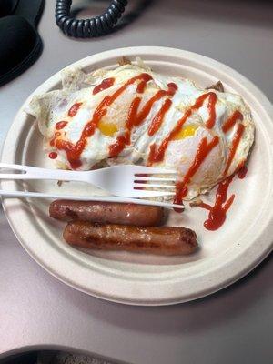 Over easy eggs + hash brown + sausage links