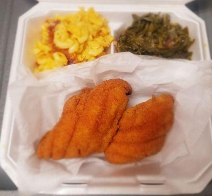 Catfish fillets with Mac and collard greens.