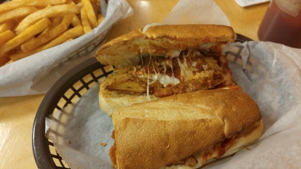 Large chicken parm sub. Pretty decent. Tastes better than it looks.