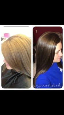 Huge color transformation.  From blonde to chocolate brown.